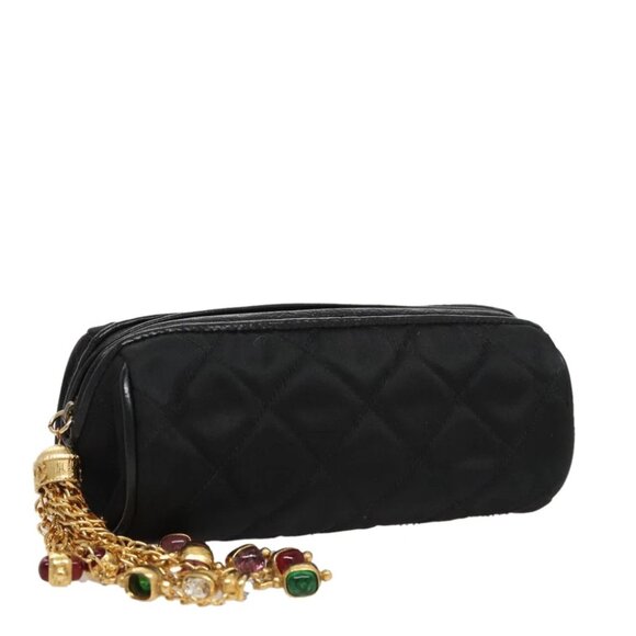 CHANEL Matelasse Pouch Nylon Black Gold CC Auth 107851 - Picture 1 of 14